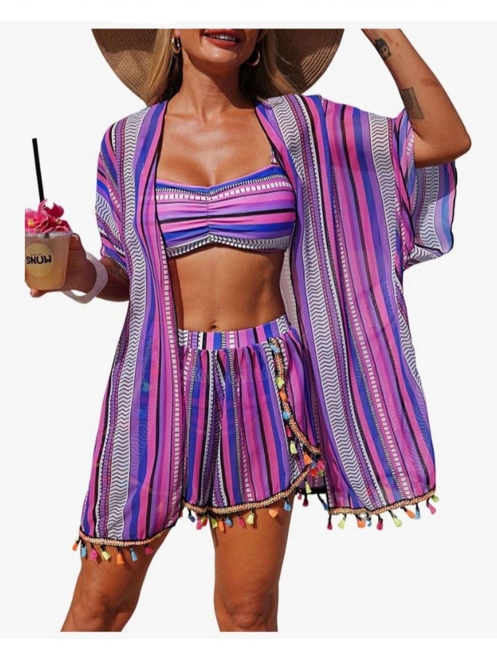 NWT Zaful 4 Piece Bikini With Cover Up & Shorts Sets - L
